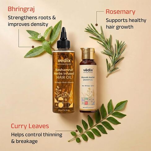 Vedix Keshamrut Hair Care Combo With Keshamrut Herbs Infused Hair Oil and Davath Hairfall Shampoo (100 ml + 200 ml) in Kuwait