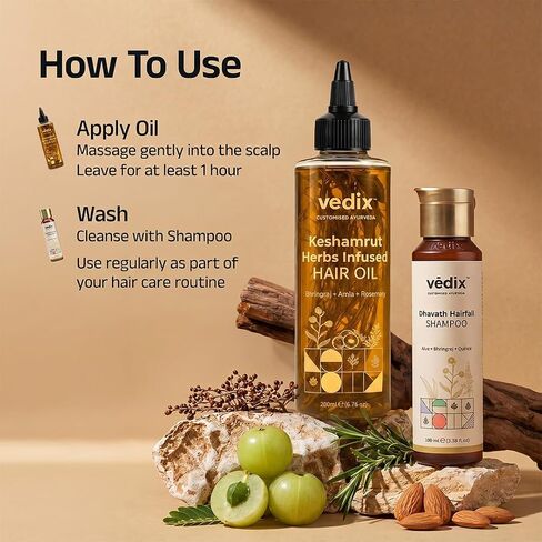 Vedix Keshamrut Hair Care Combo With Keshamrut Herbs Infused Hair Oil and Davath Hairfall Shampoo (100 ml + 200 ml) in Kuwait