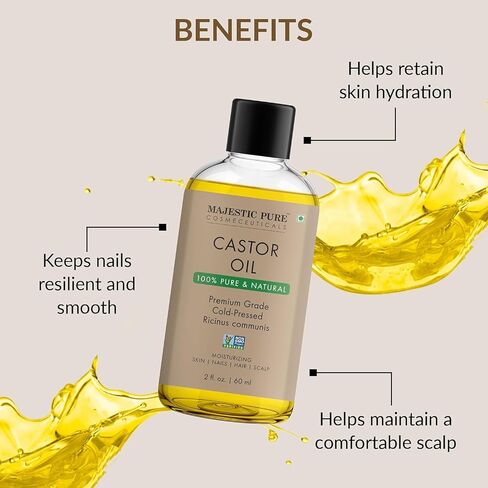 Majestic Pure Castor Oil - 100% Pure & Natural - Premium Grade, Cold Pressed, Hexane Free - Hair, Eyelashes, Eyebrows, Nails - Moisturizing & Nourishing - 2 Fl Oz in Kuwait