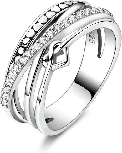 MULA S925 Sterling Silver Ring Multi-layered Interlaced Heart-shaped Band Ring for Women with CZ Cubic Zirconia Wide Finger Rings Costume Jewelry in Saudi Arabia