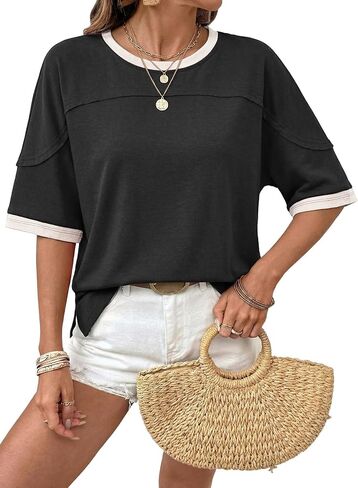 Dokotoo Summer Tops for Women 2025 Loose Oversized T Shirts Crewneck Color Block Side Slits Basic Tee Blouses in Saudi Arabia