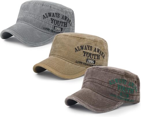 3Pcs Cadet Hat Military Cap Washed Cotton Flat Cap for Men Adjustable Army Hat in Kuwait
