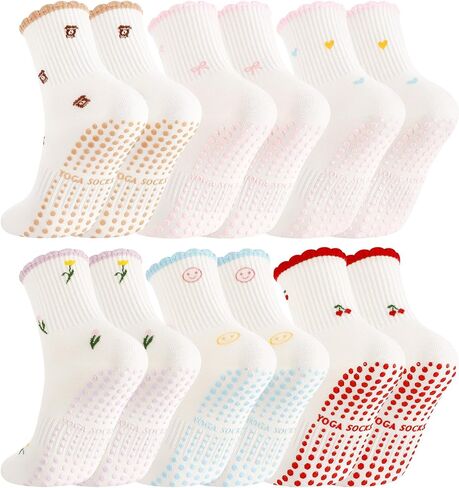 Cute Pilates Grip Socks for Women, 6 Pairs Non-Slip Yoga Socks with Grippy Dots & Arch Support for Ballet & Reformers in Kuwait