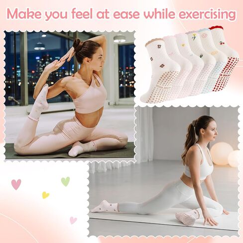 Cute Pilates Grip Socks for Women, 6 Pairs Non-Slip Yoga Socks with Grippy Dots & Arch Support for Ballet & Reformers in Kuwait