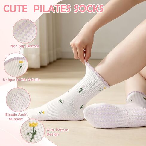Cute Pilates Grip Socks for Women, 6 Pairs Non-Slip Yoga Socks with Grippy Dots & Arch Support for Ballet & Reformers in Kuwait