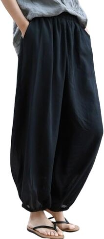 Martial Arts Training Pants Unisex,Tai Chi Lantern Pants for Women Linen Elastic Waist,Wide Leg Breathable Cotton Kung Fu Trousers,for Shaolin Wing Chun Qigong Yoga Daily Wear in Kuwait