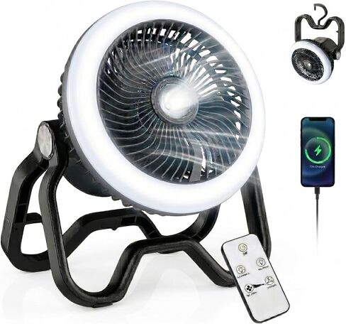 Portable Rechargeable Camping Fan with LED Lantern-40Hrs, Battery Operated Oscillating Fan with Remote, 3 Speeds for Tents, Outdoor, RV, Outage（Black） in Saudi Arabia