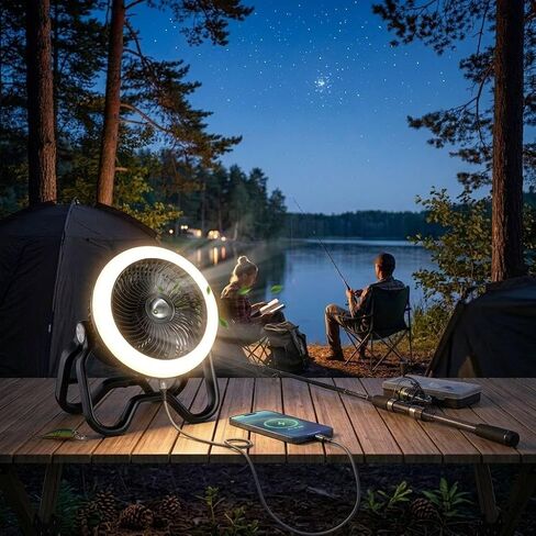 Portable Rechargeable Camping Fan with LED Lantern-40Hrs, Battery Operated Oscillating Fan with Remote, 3 Speeds for Tents, Outdoor, RV, Outage（Black） in Saudi Arabia