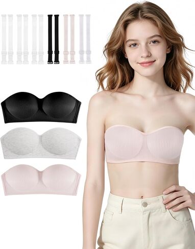 Etdane Girls Strapless Bra for Teens Bandeau Bras with Clear Straps 10-12 12-14 14-16 Wireless Girl Training Bra Size 32-36 in Saudi Arabia