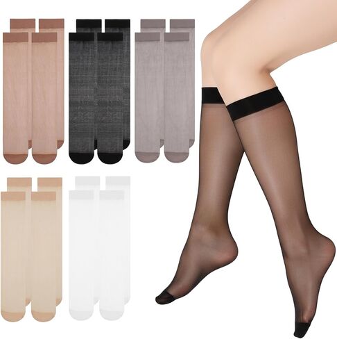 10 Pairs Women's Sheer Knee High, High Stockings for Women, 5 Colors Stretchy Nylon Socks, Breathable Sheer Knee Stockings with Comfort Top, Reinforced Toe One Size in Saudi Arabia