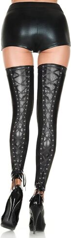 Music Legs 4867-BLACK Footless Lace Up Wet Look Thigh High - Black - One Size in Kuwait