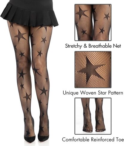 لباس ضيق نسائي من Leg Avenue Star Fishnet للنساء، جوارب طويلة عصرية بتصميمات النجوم in Kuwait