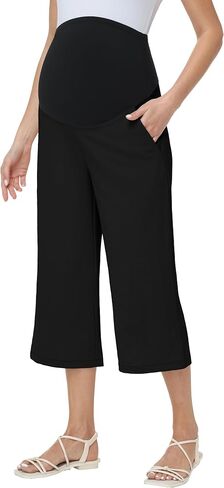 Maternity Capris Wide Leg Pants Over Belly Casual Palazzo Loose Pregnancy Cropped Trousers with Pockets in Kuwait