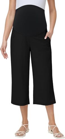 Maternity Capris Wide Leg Pants Over Belly Casual Palazzo Loose Pregnancy Cropped Trousers with Pockets in Kuwait