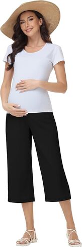 Maternity Capris Wide Leg Pants Over Belly Casual Palazzo Loose Pregnancy Cropped Trousers with Pockets in Kuwait