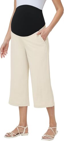 Maternity Capris Wide Leg Pants Over Belly Casual Palazzo Loose Pregnancy Cropped Trousers with Pockets in Kuwait