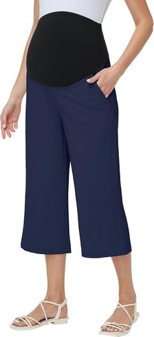 Maternity Capris Wide Leg Pants Over Belly Casual Palazzo Loose Pregnancy Cropped Trousers with Pockets in Kuwait