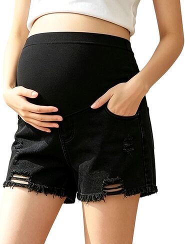 Women's Maternity Shorts Over Belly Pregnancy Workout Running Shorts with Pockets Ripped Distressed Denim Shorts in Saudi Arabia