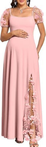 AISWI Elegant 3D Floral Maternity Dress Square Neck Puff Sleeve Split Maxi Gown for Baby Shower Photoshoot Wedding Guest in Kuwait