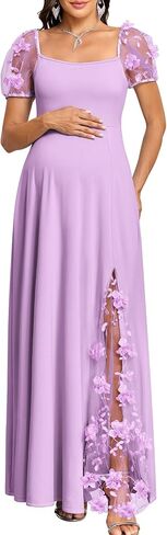 AISWI Elegant 3D Floral Maternity Dress Square Neck Puff Sleeve Split Maxi Gown for Baby Shower Photoshoot Wedding Guest in Kuwait