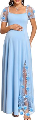 AISWI Elegant 3D Floral Maternity Dress Square Neck Puff Sleeve Split Maxi Gown for Baby Shower Photoshoot Wedding Guest in Kuwait