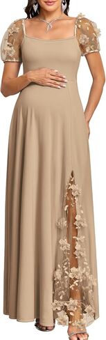 AISWI Elegant 3D Floral Maternity Dress Square Neck Puff Sleeve Split Maxi Gown for Baby Shower Photoshoot Wedding Guest in Kuwait