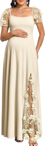 AISWI Elegant 3D Floral Maternity Dress Square Neck Puff Sleeve Split Maxi Gown for Baby Shower Photoshoot Wedding Guest in Kuwait