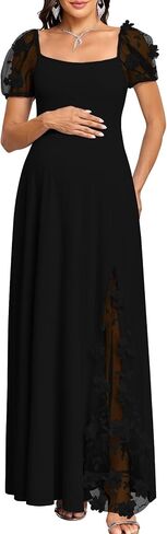 AISWI Elegant 3D Floral Maternity Dress Square Neck Puff Sleeve Split Maxi Gown for Baby Shower Photoshoot Wedding Guest in Kuwait
