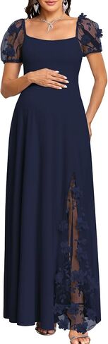 AISWI Elegant 3D Floral Maternity Dress Square Neck Puff Sleeve Split Maxi Gown for Baby Shower Photoshoot Wedding Guest in Kuwait
