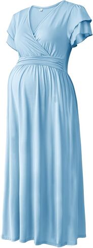 Maternity Maxi Dress for Women Summer V Neck Flowy for Baby Shower | Short Sleeve Wrap Design with Pockets,Soft Stretchy Fit for Growing Bumps,Pregnancy Dress for Photoshoot & Casual Outings in Kuwait