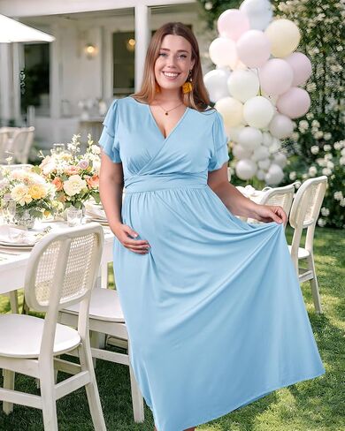 Maternity Maxi Dress for Women Summer V Neck Flowy for Baby Shower | Short Sleeve Wrap Design with Pockets,Soft Stretchy Fit for Growing Bumps,Pregnancy Dress for Photoshoot & Casual Outings in Kuwait