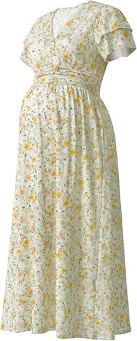 Maternity Maxi Dress for Women Summer V Neck Flowy for Baby Shower | Short Sleeve Wrap Design with Pockets,Soft Stretchy Fit for Growing Bumps,Pregnancy Dress for Photoshoot & Casual Outings in Kuwait