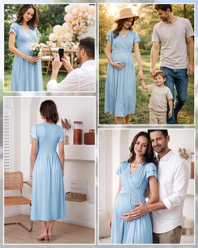 Maternity Maxi Dress for Women Summer V Neck Flowy for Baby Shower | Short Sleeve Wrap Design with Pockets,Soft Stretchy Fit for Growing Bumps,Pregnancy Dress for Photoshoot & Casual Outings in Kuwait