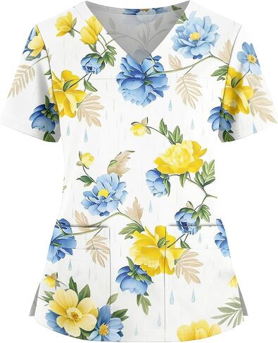 Womens Scrubs Hawaiian Print Scrub Top Plus Size V Neck Short Sleeve Nurse Shirt Floral Printed Working Uniform in Saudi Arabia