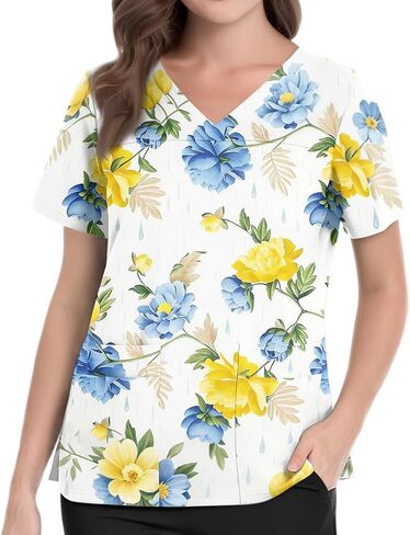Womens Scrubs Hawaiian Print Scrub Top Plus Size V Neck Short Sleeve Nurse Shirt Floral Printed Working Uniform in Saudi Arabia