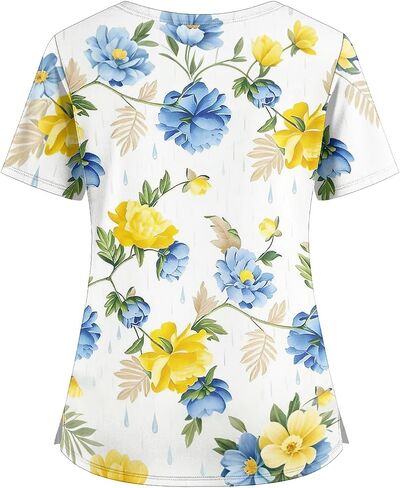 Womens Scrubs Hawaiian Print Scrub Top Plus Size V Neck Short Sleeve Nurse Shirt Floral Printed Working Uniform in Saudi Arabia
