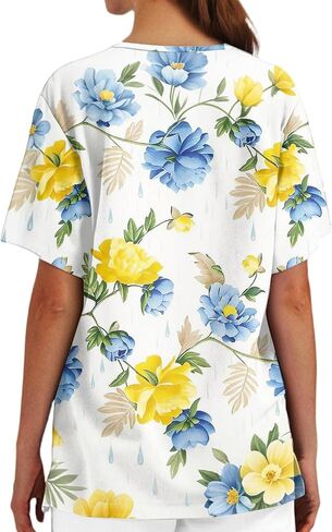 Womens Scrubs Hawaiian Print Scrub Top Plus Size V Neck Short Sleeve Nurse Shirt Floral Printed Working Uniform in Saudi Arabia