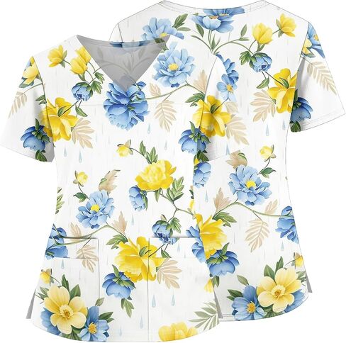 Womens Scrubs Hawaiian Print Scrub Top Plus Size V Neck Short Sleeve Nurse Shirt Floral Printed Working Uniform in Saudi Arabia