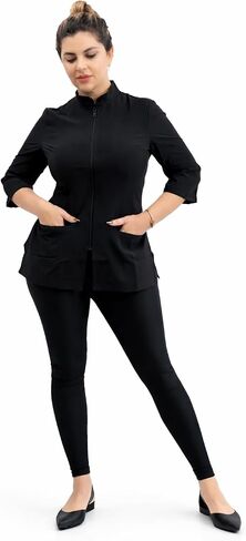 Women’s Bleach-Resistant Scrub Top, Spa & Esthetician Uniform Jacket with Black Zipper, 3/4 Sleeve in Saudi Arabia
