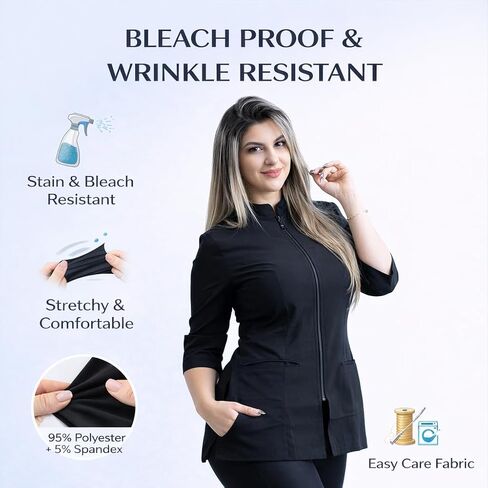 Women’s Bleach-Resistant Scrub Top, Spa & Esthetician Uniform Jacket with Black Zipper, 3/4 Sleeve in Saudi Arabia