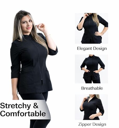 Women’s Bleach-Resistant Scrub Top, Spa & Esthetician Uniform Jacket with Black Zipper, 3/4 Sleeve in Saudi Arabia