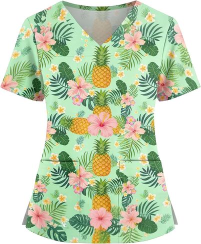Womens Scrubs Hawaiian Print Scrub Top Plus Size V Neck Short Sleeve Nurse Shirt Floral Printed Working Uniform in Saudi Arabia