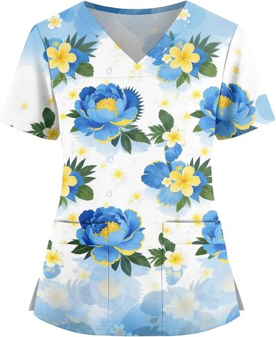 Womens Scrubs Hawaiian Print Scrub Top Plus Size V Neck Short Sleeve Nurse Shirt Floral Printed Working Uniform in Saudi Arabia