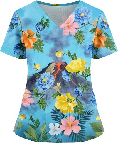 Womens Scrubs Hawaiian Print Scrub Top Plus Size V Neck Short Sleeve Nurse Shirt Floral Printed Working Uniform in Saudi Arabia