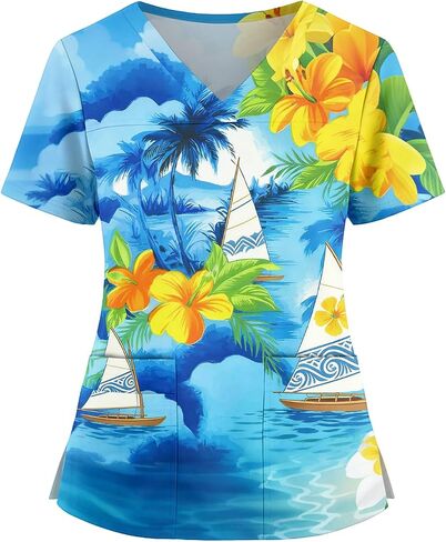 Womens Scrubs Hawaiian Print Scrub Top Plus Size V Neck Short Sleeve Nurse Shirt Floral Printed Working Uniform in Saudi Arabia