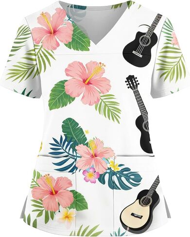 Womens Scrubs Hawaiian Print Scrub Top Plus Size V Neck Short Sleeve Nurse Shirt Floral Printed Working Uniform in Saudi Arabia