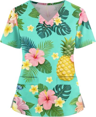 Womens Scrubs Hawaiian Print Scrub Top Plus Size V Neck Short Sleeve Nurse Shirt Floral Printed Working Uniform in Saudi Arabia