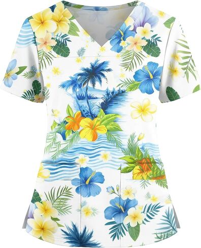 Womens Scrubs Hawaiian Print Scrub Top Plus Size V Neck Short Sleeve Nurse Shirt Floral Printed Working Uniform in Saudi Arabia
