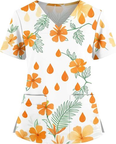 Womens Scrubs Hawaiian Print Scrub Top Plus Size V Neck Short Sleeve Nurse Shirt Floral Printed Working Uniform in Saudi Arabia