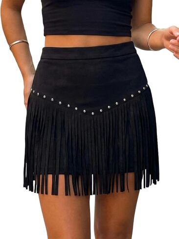Womens Western Cowgirl Fringe Mini Skirt Vintage Cowgirl Cowboy Outfits High Waisted A Line Faux Suede Party Skirts in Saudi Arabia